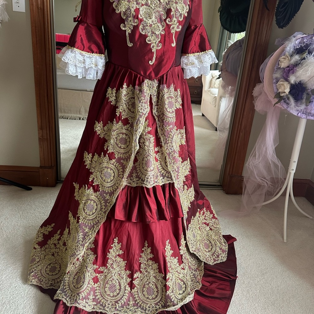 Elegant Red and Gold Victorian Dress